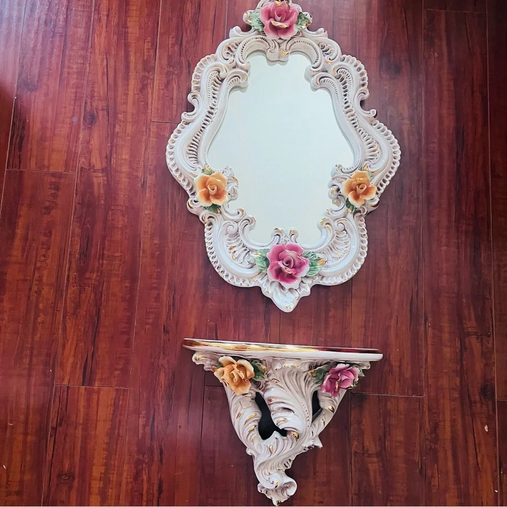 Vintage Hand‑Sculpted Italian Capodimonte Ceramic Mirror & Shelf Set